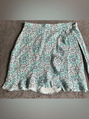 LOFT Petites Linen Blend Blue Teal Medallion Faux Wrap Skirt 6P